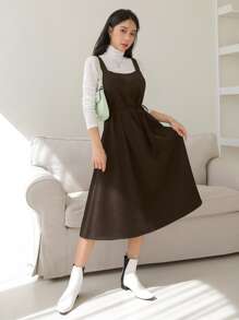 DAZY Solid Belted Pinafore Dress Without Top - Coffee Brown - View 5