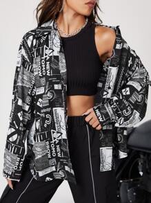 SHEIN EZwear Pop Art Print Drop Shoulder Shirt - Black and White - View 5