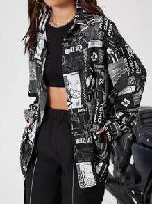 SHEIN EZwear Pop Art Print Drop Shoulder Shirt - Black and White - View 1