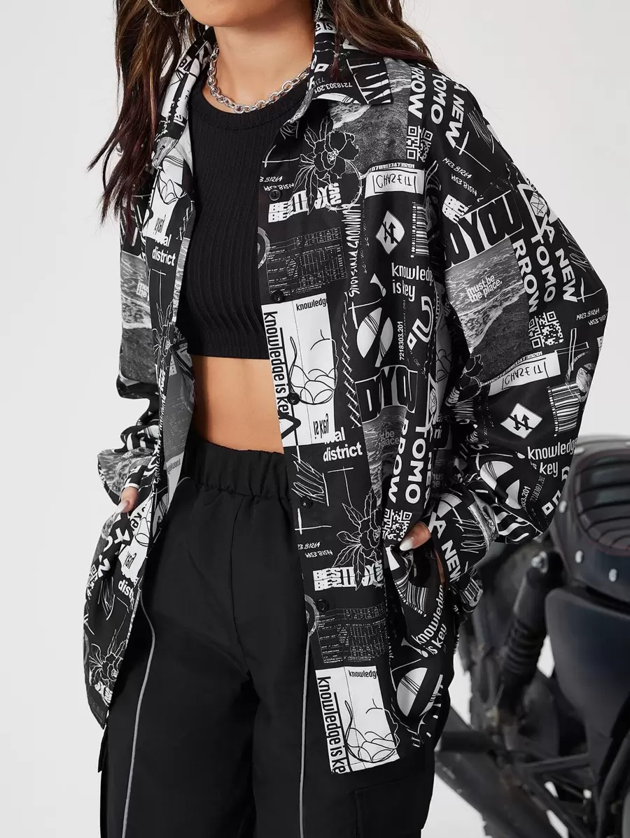 SHEIN EZwear Pop Art Print Drop Shoulder Shirt - Black and White - View 1