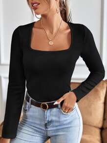 EURMUSE Square Neck Ribbed Knit Tee