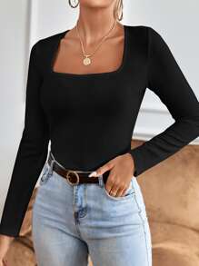 EURMUSE Square Neck Ribbed Knit Tee