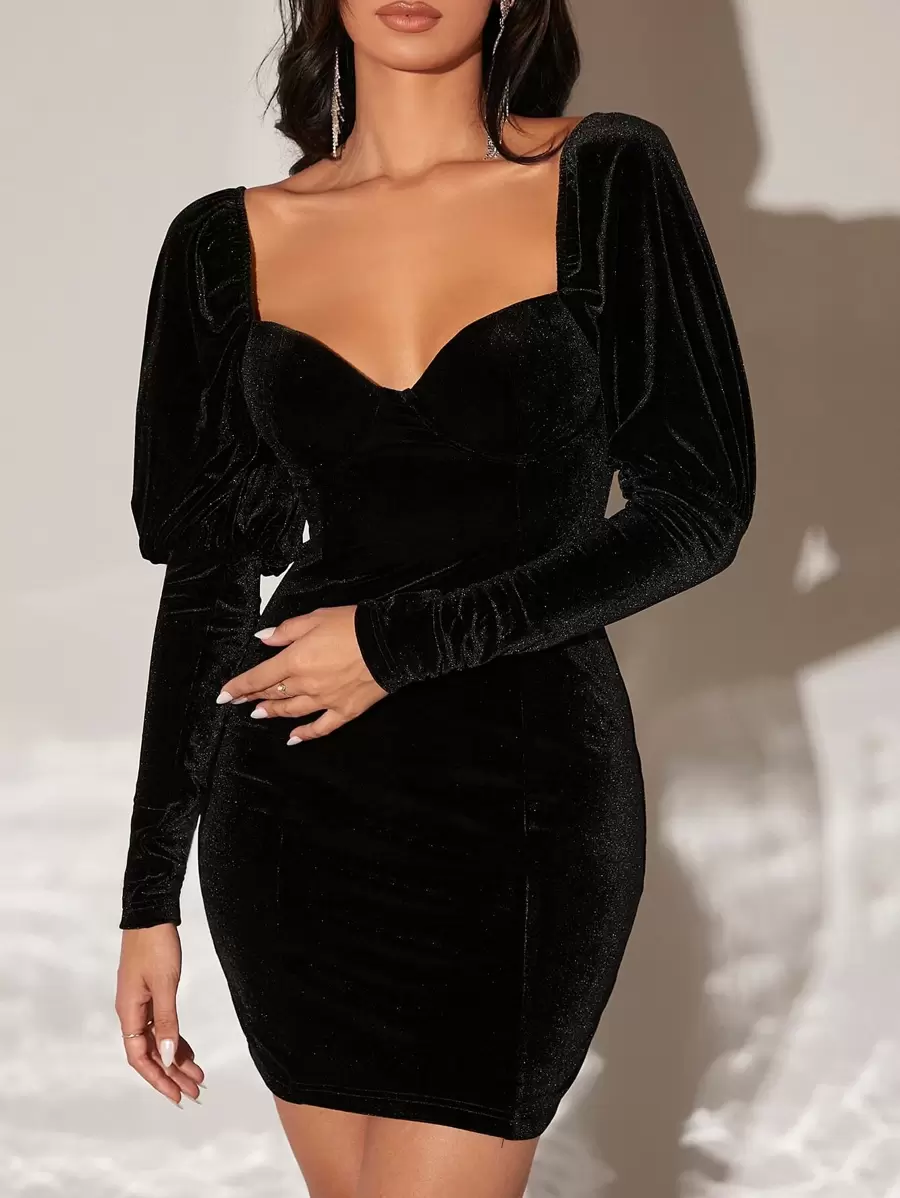 SHEIN Privé 雞心領口羊腿袖絲絨緊身洋裝