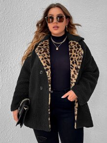 SHEIN LUNE Plus Leopard Pattern Drop Shoulder Double Breasted Teddy Coat - Black - View 1