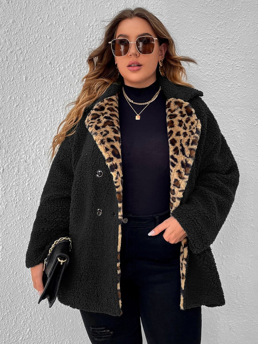 SHEIN LUNE Plus Leopard Pattern Drop Shoulder Double Breasted Teddy Coat - Black - View 1