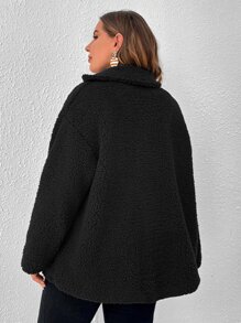 SHEIN LUNE Plus Leopard Pattern Drop Shoulder Double Breasted Teddy Coat - Black - View 2