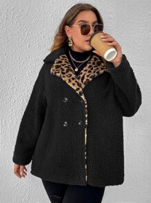 SHEIN LUNE Plus Leopard Pattern Drop Shoulder Double Breasted Teddy Coat - Black - View 3