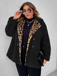 SHEIN LUNE Plus Leopard Pattern Drop Shoulder Double Breasted Teddy Coat - Black - View 4
