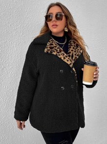 SHEIN LUNE Plus Leopard Pattern Drop Shoulder Double Breasted Teddy Coat - Black - View 5