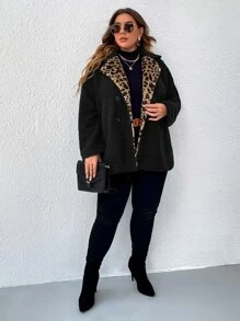 SHEIN LUNE Plus Leopard Pattern Drop Shoulder Double Breasted Teddy Coat - Black - View 6