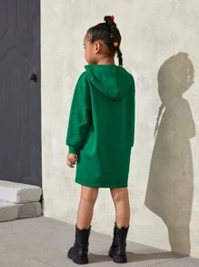 SHEIN 小女童字母和豹紋印花落肩袖連帽連衣裙 - 綠色 - 查看 3