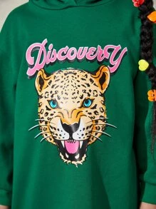 SHEIN 小女童字母和豹紋印花落肩袖連帽連衣裙 - 綠色 - 查看 5