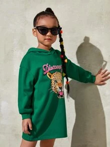 SHEIN 小女童字母和豹紋印花落肩袖連帽連衣裙 - 綠色 - 查看 6