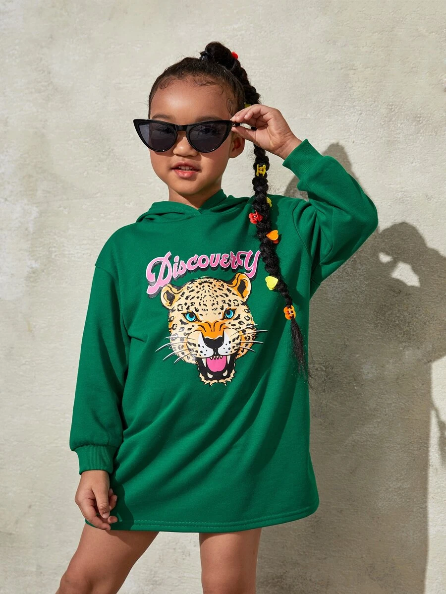 SHEIN 小女童字母和豹紋印花落肩袖連帽連衣裙 - 綠色 - 查看 1