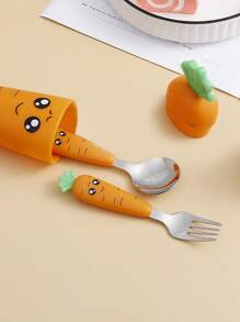 1 tenedor de dibujos animados y 1 cuchara y 1 caja, cubiertos de zanahoria de dibujos animados para niños - Naranja - Ver 2