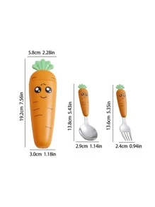 1 tenedor de dibujos animados y 1 cuchara y 1 caja, cubiertos de zanahoria de dibujos animados para niños - Naranja - Ver 6