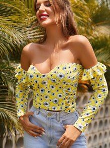 Top de hombros descubiertos con estampado floral de margarita ribete con fruncido - Amarillo - Ver 1
