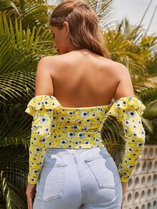 Top de hombros descubiertos con estampado floral de margarita ribete con fruncido - Amarillo - Ver 2