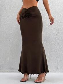 SHEIN PETITE Váy nữ Xù màu trơn Thanh lịch - Màu nâu Sô-cô-la - Xem 3