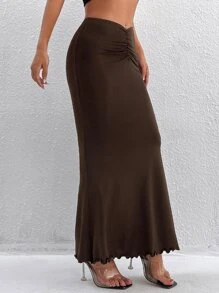 SHEIN PETITE Váy nữ Xù màu trơn Thanh lịch - Màu nâu Sô-cô-la - Xem 4