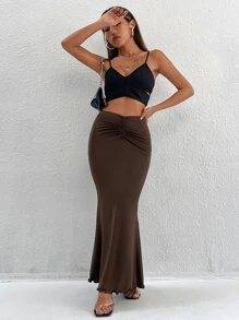 SHEIN PETITE Váy nữ Xù màu trơn Thanh lịch - Màu nâu Sô-cô-la - Xem 5