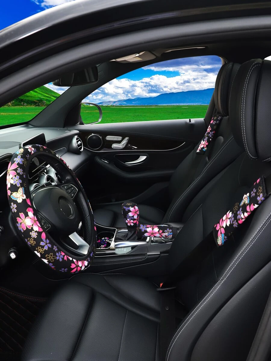 7pcs Floral Print Car Steering Wheel Cover Set - Multicolor - View 1