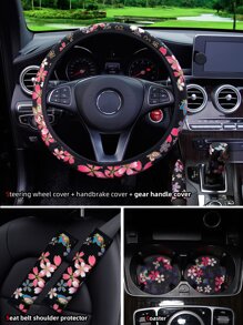 7pcs Floral Print Car Steering Wheel Cover Set - Multicolor - View 3