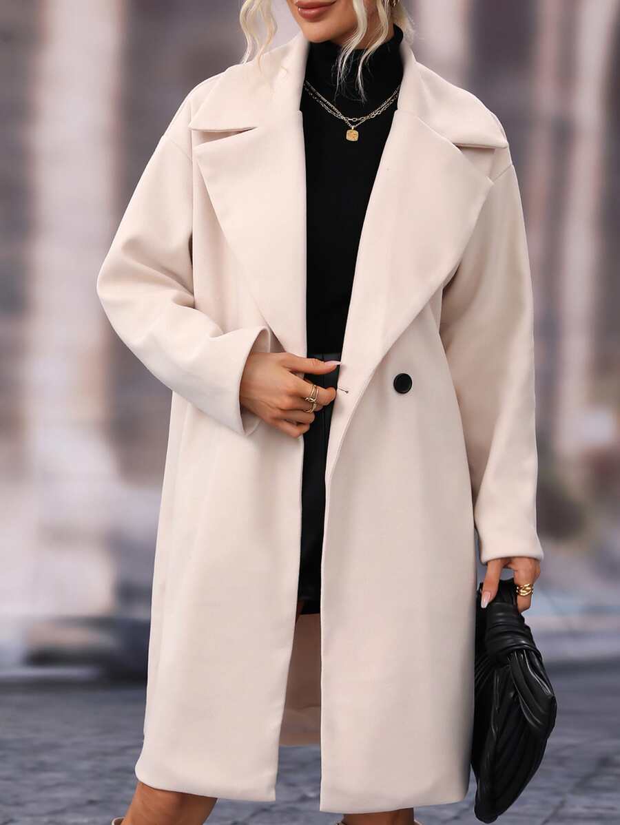 SHEIN LUNE Lapel Collar Drop Shoulder Double Button Overcoat - Beige - View 1