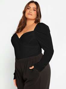SHEIN BAE Body de manga gigot cruzado delantero fruncido - Negro - Ver 4