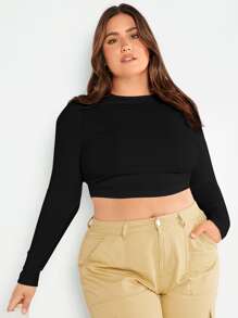 SHEIN Essnce 大碼素色條紋針織短款上衣 - 黑色 - 查看 2