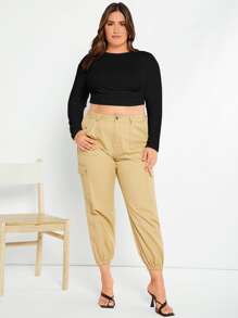 SHEIN Essnce 大碼素色條紋針織短款上衣 - 黑色 - 查看 5