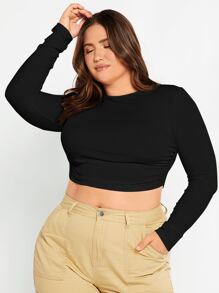 SHEIN Essnce 大碼素色條紋針織短款上衣 - 黑色 - 查看 6