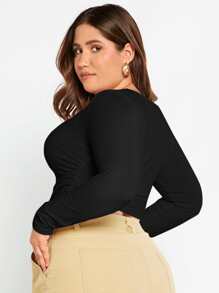 SHEIN Essnce 大碼素色條紋針織短款上衣 - 黑色 - 查看 7