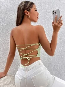 SHEIN PETITE Hanky Hem Lace Up Back Crop Tube Summer Top - Lime Green - View 2