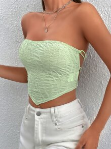 SHEIN PETITE Hanky Hem Lace Up Back Crop Tube Summer Top - Lime Green - View 3