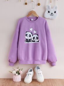 SHEIN Girls Panda Print Drop Shoulder Sweatshirt - Lilac Purple - View 1