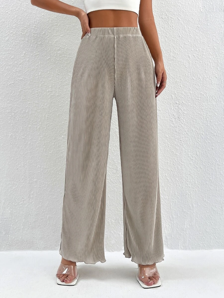 SHEIN PETITE Elastic Waist Plisse Wide Leg Trousers - Apricot - View 1