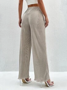 SHEIN PETITE Elastic Waist Plisse Wide Leg Trousers - Apricot - View 2