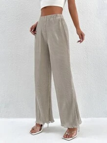 SHEIN PETITE Elastic Waist Plisse Wide Leg Trousers - Apricot - View 3