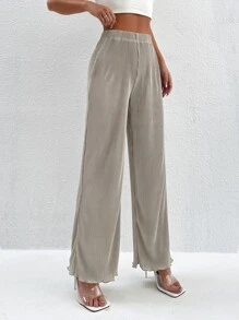 SHEIN PETITE Elastic Waist Plisse Wide Leg Trousers - Apricot - View 5