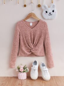 SHEIN Girls Ribbed Knit Twist Hem Tee - Dusty Pink - View 1