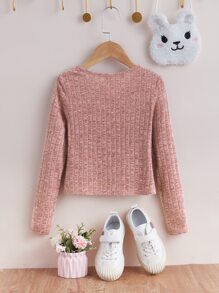 SHEIN Girls Ribbed Knit Twist Hem Tee - Dusty Pink - View 2