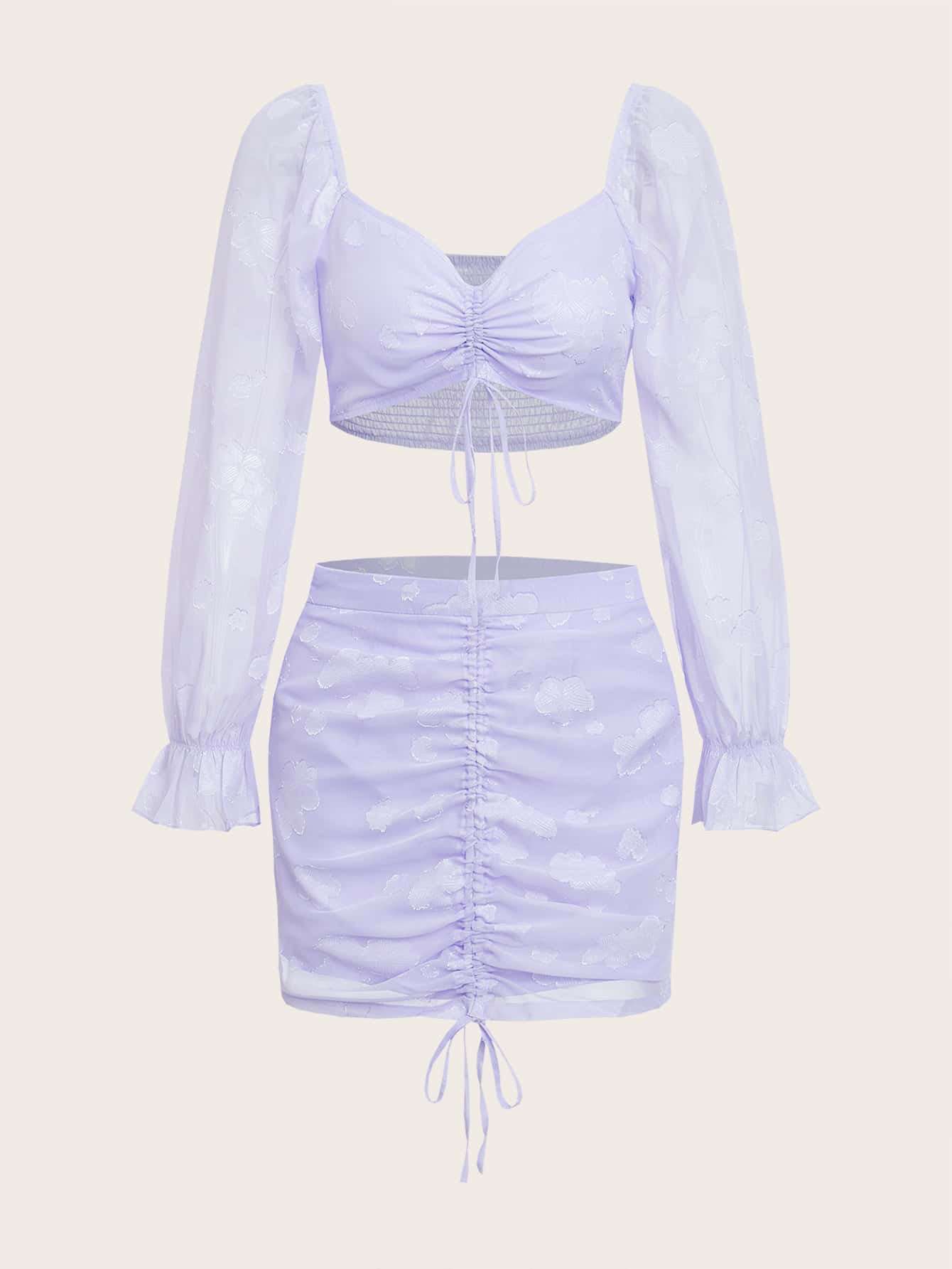 SHEIN VCAY Floral Jacquard Flounce Sleeve Drawstring Front Crop Top & Ruched Skirt - Lilac Purple - View 1