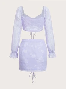 SHEIN VCAY Top corto floral jacquard de manga con volante con cordón delantero & Falda fruncido - Lila Púrpura - Ver 2
