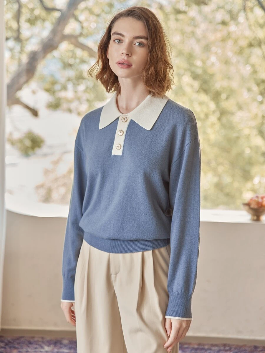 Simple Retro Polo領落肩袖套頭毛衣 - 霧霾藍 - 查看 1