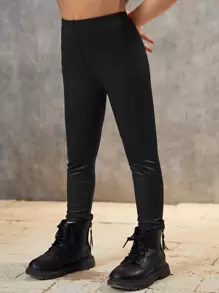 SHEIN Leap Crew Young Girls Plain High Waist Simple PU Leather Casual Everyday Leggings