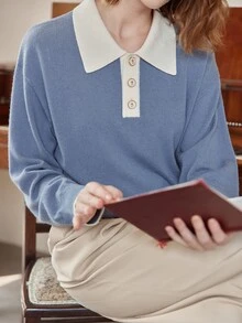 Simple Retro Polo領落肩袖套頭毛衣 - 霧霾藍 - 查看 5