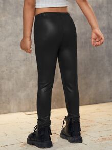 SHEIN Leap Crew Young Girls Plain High Waist Simple PU Leather Casual Everyday Leggings