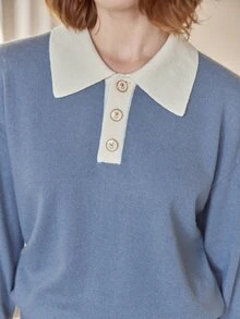 Simple Retro Polo領落肩袖套頭毛衣 - 霧霾藍 - 查看 6