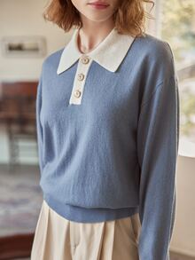 Simple Retro Polo領落肩袖套頭毛衣 - 霧霾藍 - 查看 3